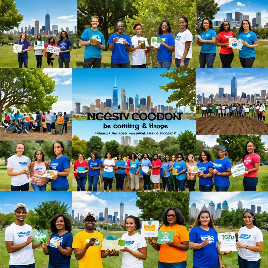 A vibrant collage showcasing diverse nonprofit volunteers actively engaging in various community services like planting trees, distributing food, and holding advocacy signs. In the background, a skyline symbolizing urban development merges with natural landscapes, symbolizing growth and impact. Include diverse individuals of different ages and backgrounds working together harmoniously, emphasizing unity and support. Bright, uplifting colors convey a sense of hope and progress. 3D. vibrant colors.