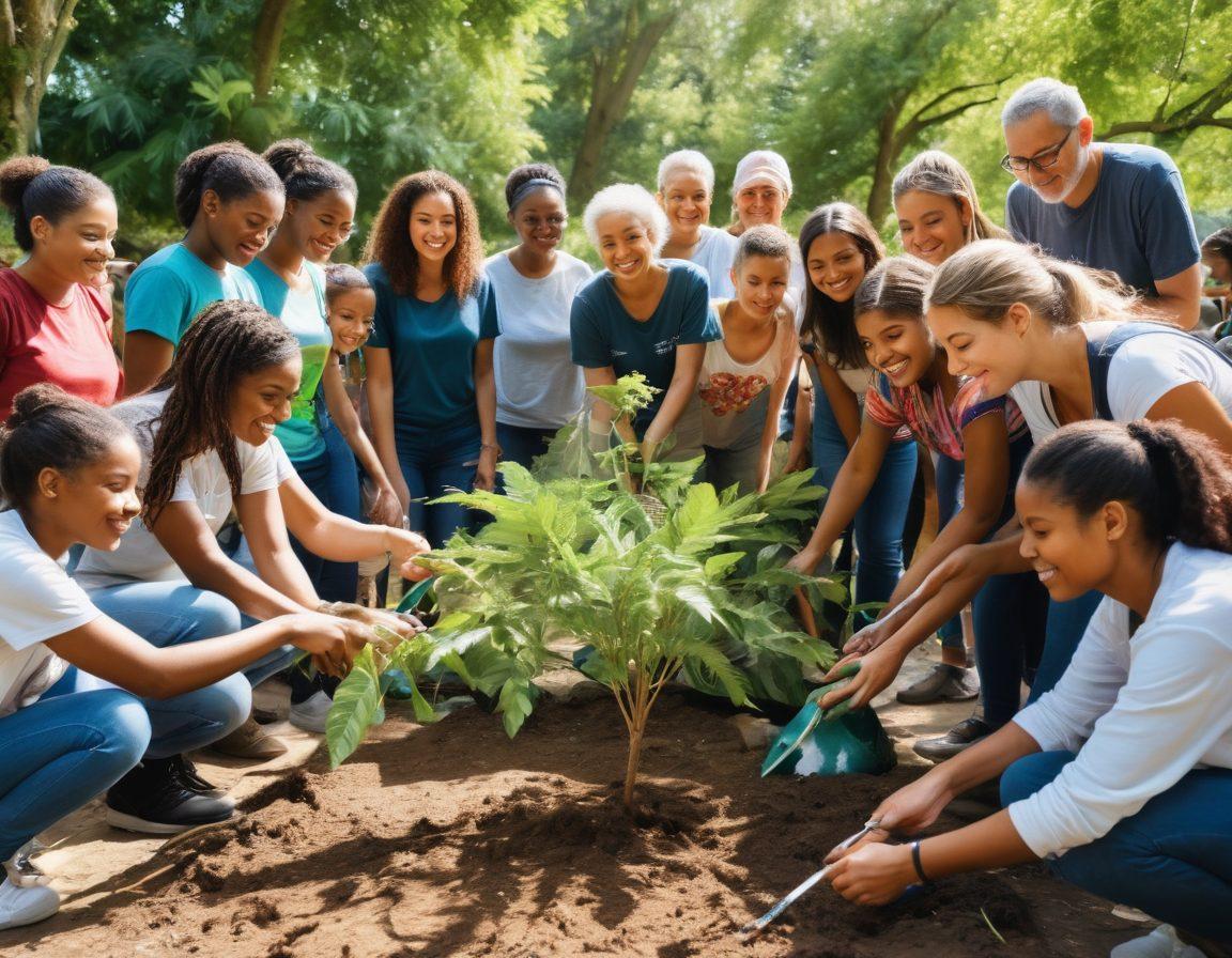 A diverse group of people of various ages and backgrounds, actively collaborating on a community project, surrounded by lush greenery and urban elements. Show them planting trees, painting a mural, and sharing ideas together, symbolizing unity and empowerment. Bright sunlight illuminates their engaged faces, showcasing hope and positivity. Include visual elements like community signs and tools to enhance the atmosphere of collective effort. vibrant colors. super-realistic.